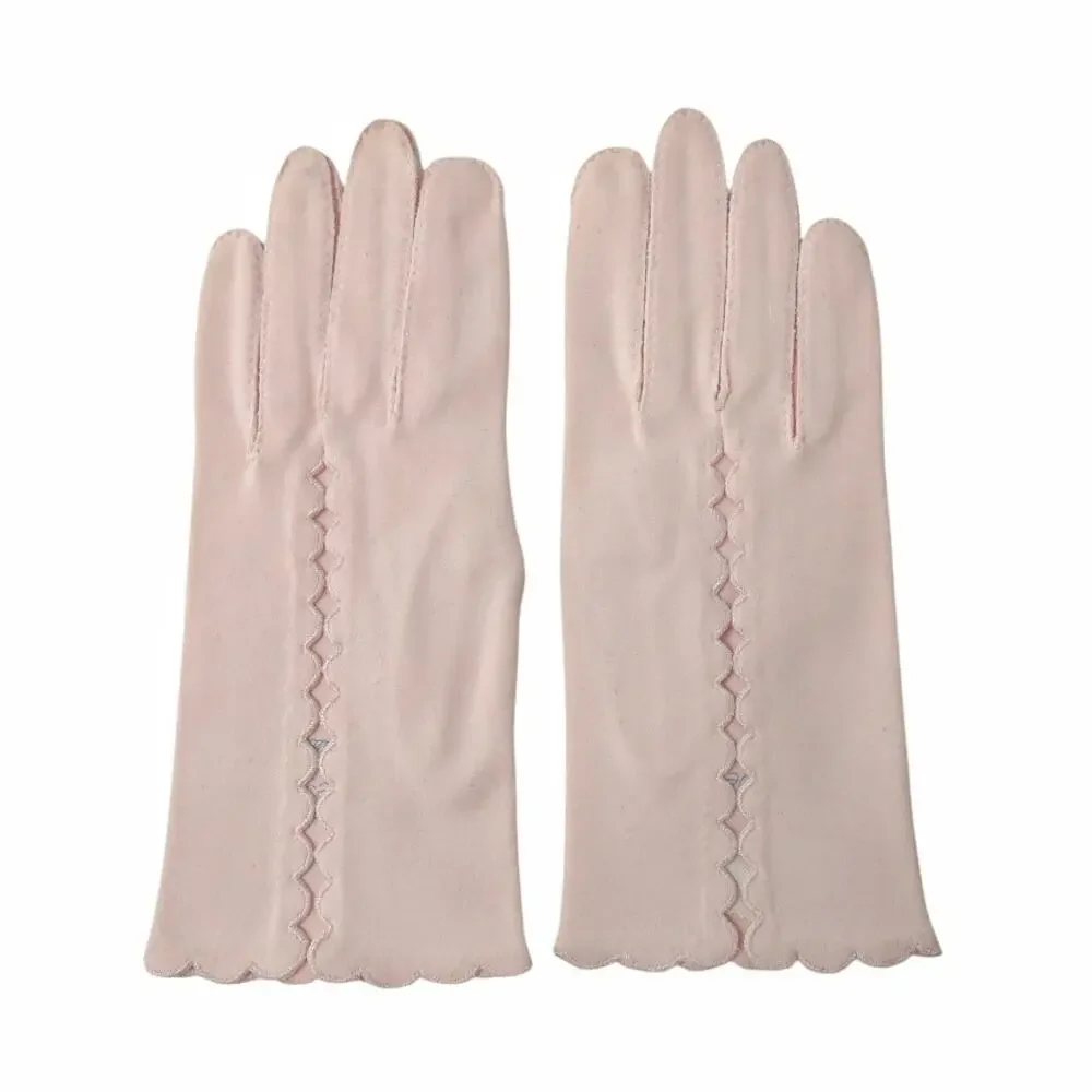 CRESCENDOE 1960s Vintage Gloves Peach Pink Embroidered Scalloped Edges 50s Retro